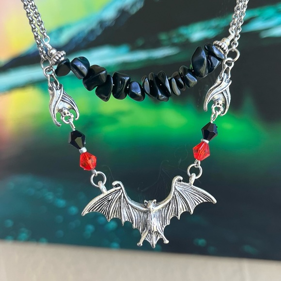 Silver Bat choker necklace . Double layer onyx chips & bats Handmade goth boho - Picture 11 of 16